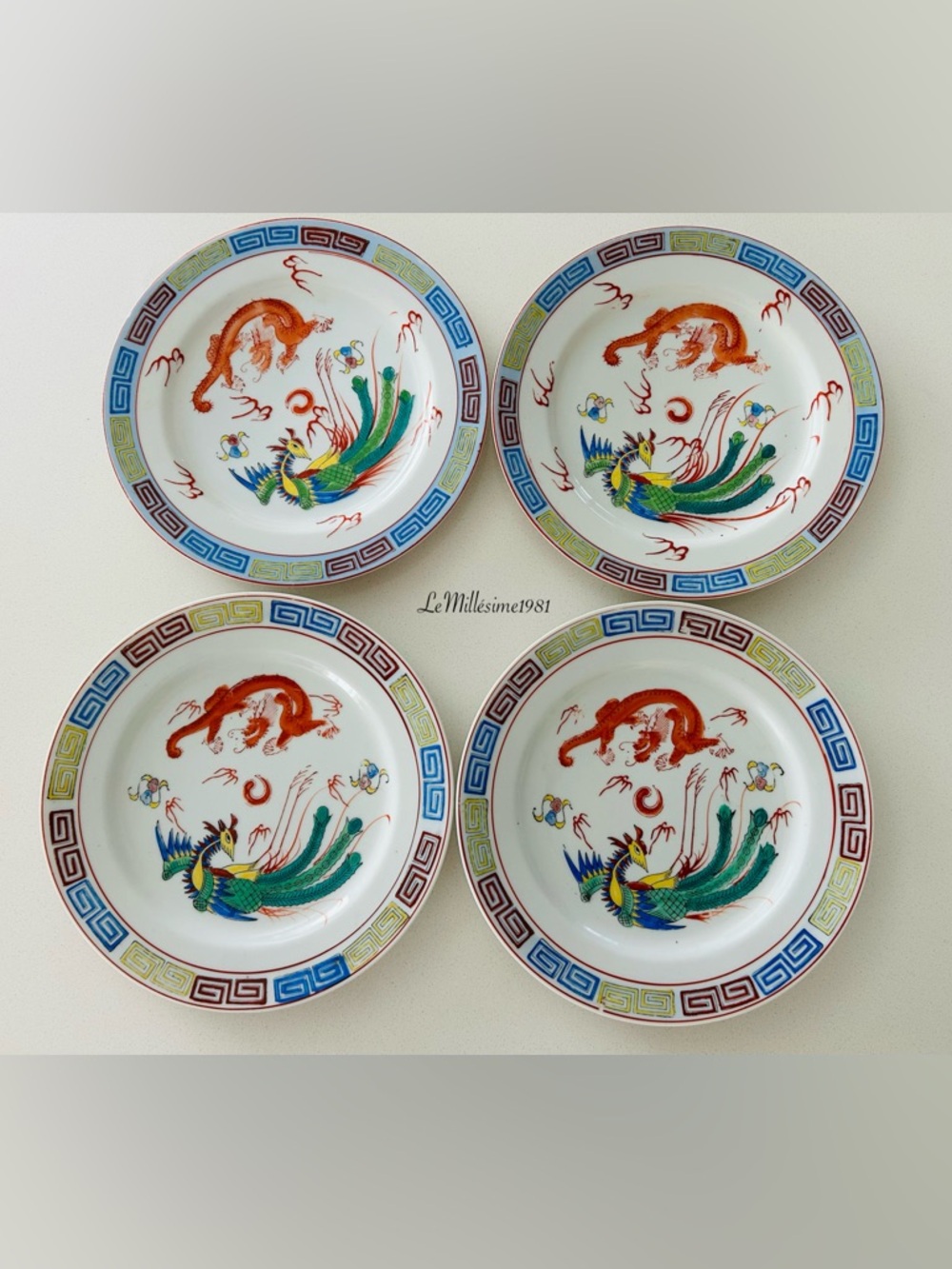 Vintage Chinese Dragon & Phoenix Porcelain Plates Set of 4 | Chinoiserie